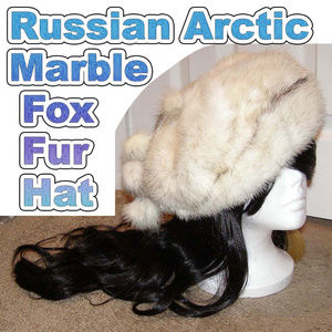 Russian Arctic Marble Fox Fur hat 57cm w/Pom Poms